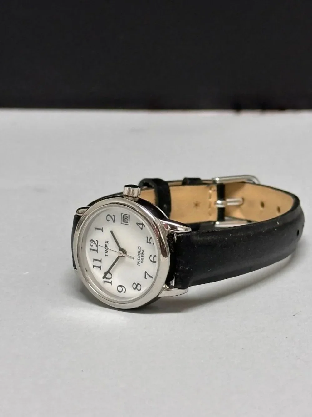 Timex Indiglo Watch Women Silver Tone Black Leather Band New Battery 8.5